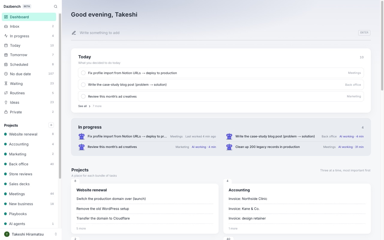 Dazbench dashboard: today's task list with an in-progress task the AI is working on