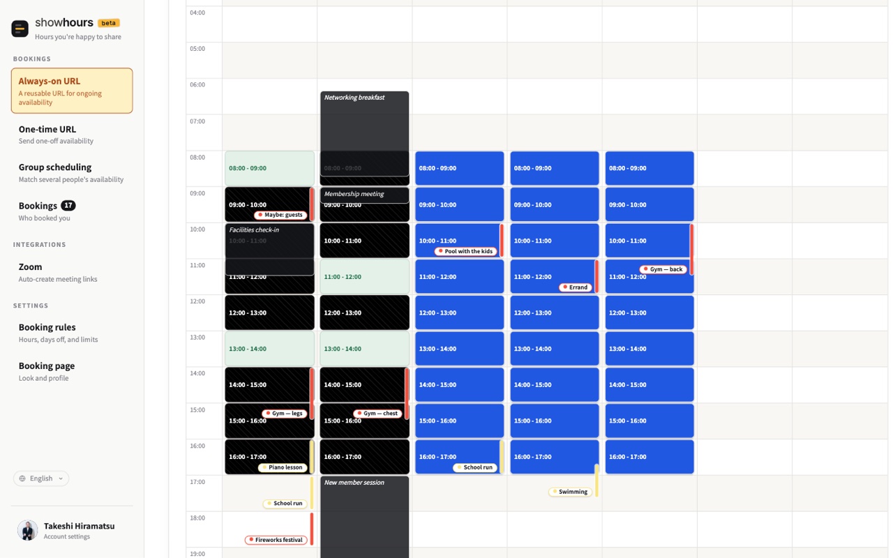showhours editing screen: a one-week timeline showing open slots as candidates, with blocked and published hours color-coded